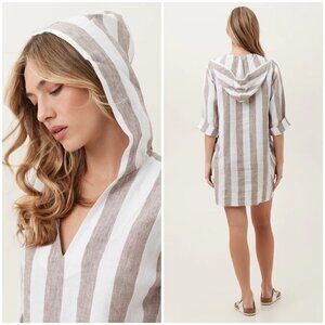 💕TRINA TURK💕 100% Linen Caftan Hooded Dress ~ Canyon Clay White Print Medium